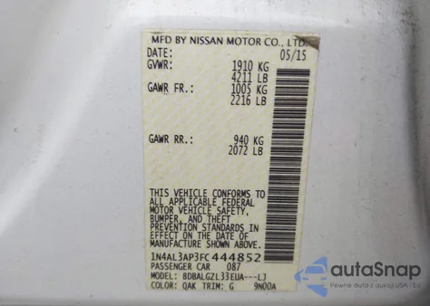 2015 Nissan Altima 2.5 S from USA, damaged, VIN 1N4AL3AP3FC444852